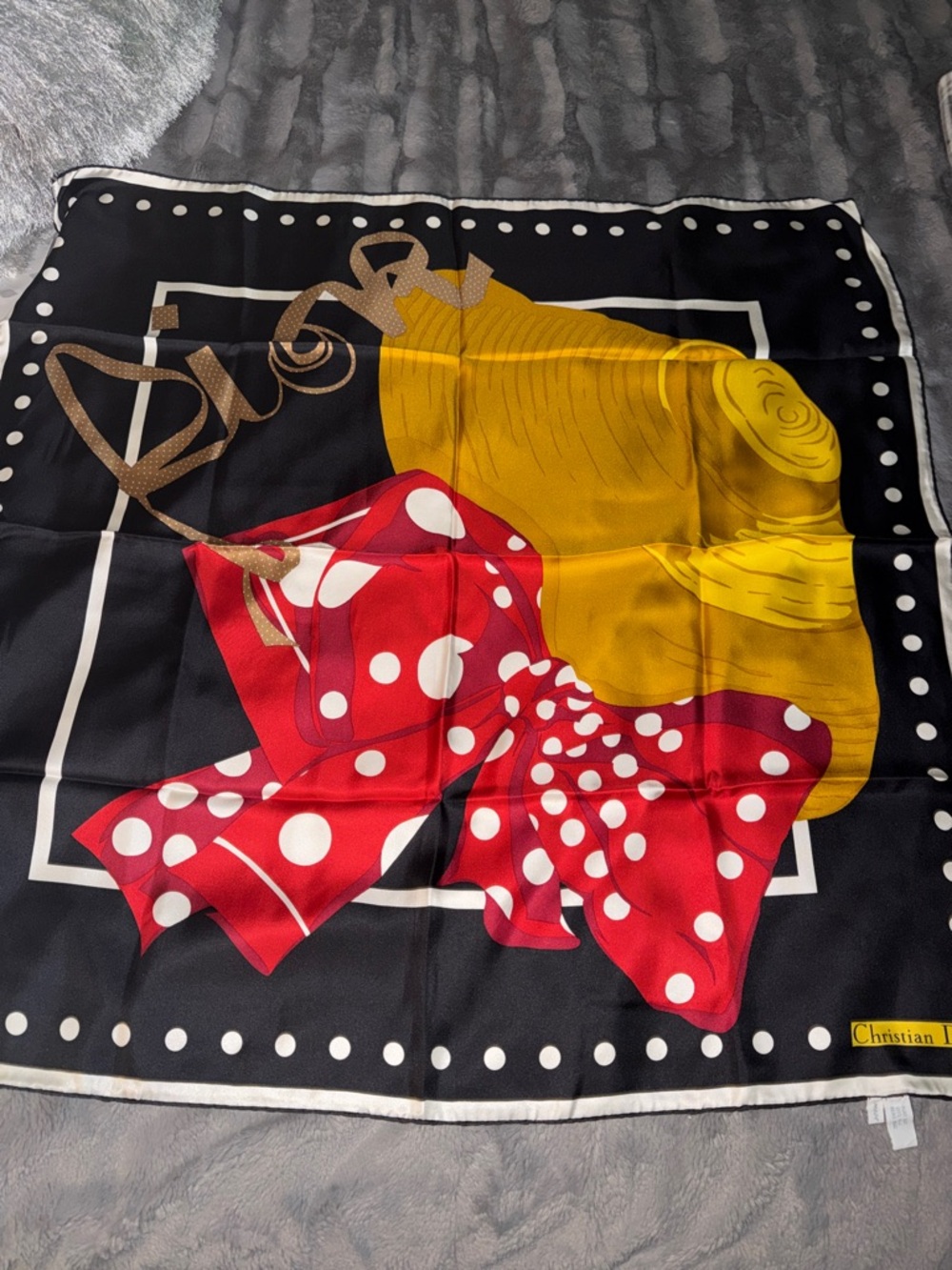 Preloved Christian Dior Polka Dot Bow Silk Scarf - Black, Red, Yellow 34”X34”